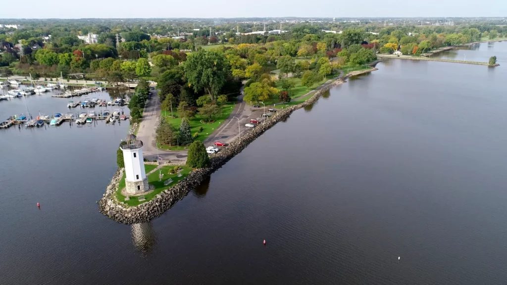 An aerial view of the Lakeside Park Lighthouse in Fond Du Lac, Wisconsin. Fond Du Lac, Wisconsin is a location served by Rosenow Customs.