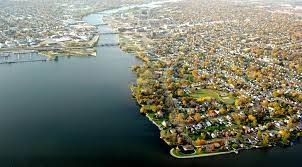 Aerial view of Oshkosh, Wisconsin. Oshkosh, Wisconsin is a location served by Rosenow Customs.