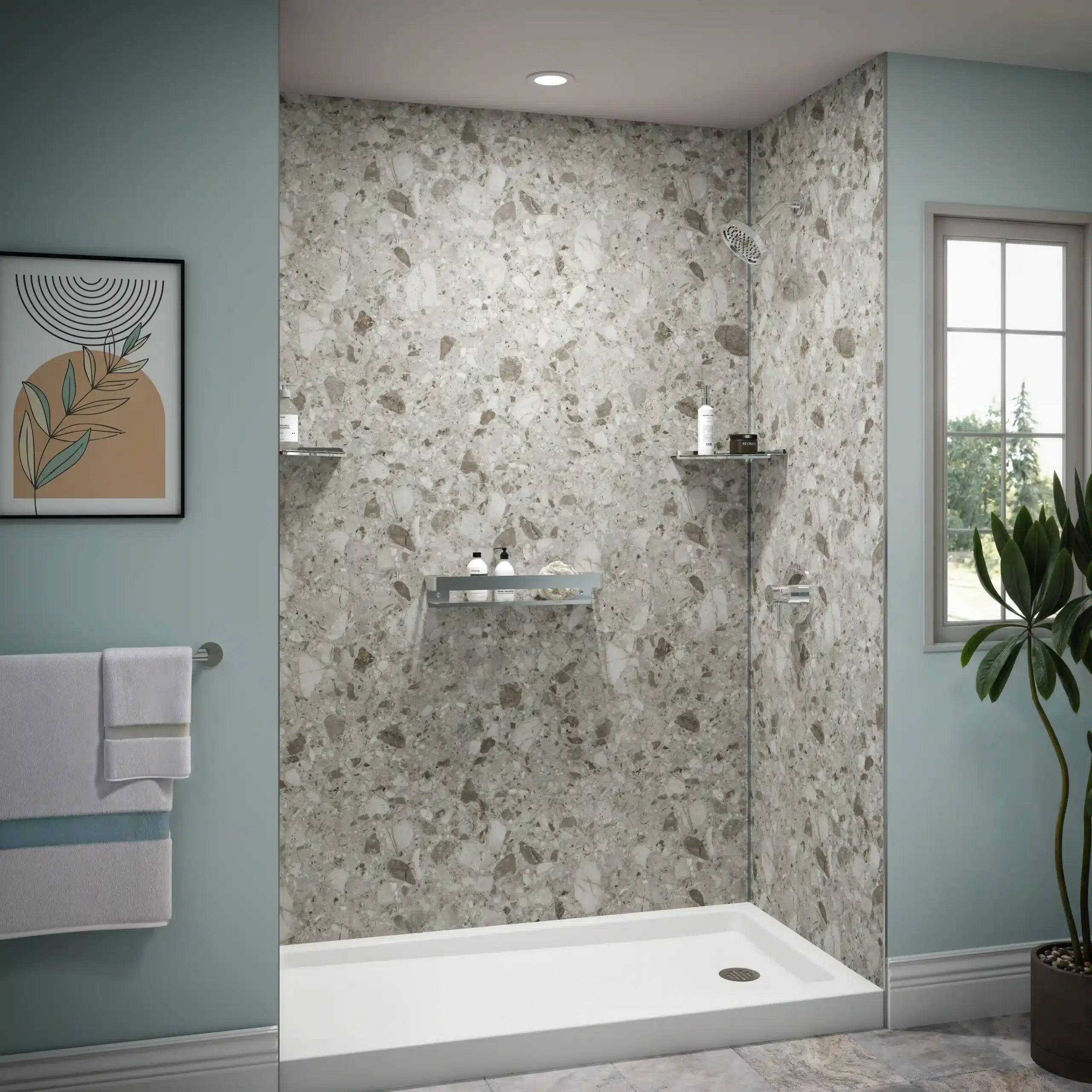 Bathwraps_Image_Terrazo_Angle_HQ A newly installed bath with marble accented background in a bathroom