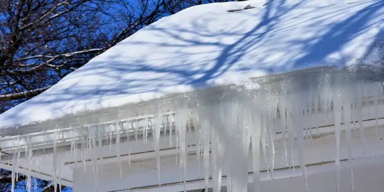 Snow and icicles on a Wisconsin roof